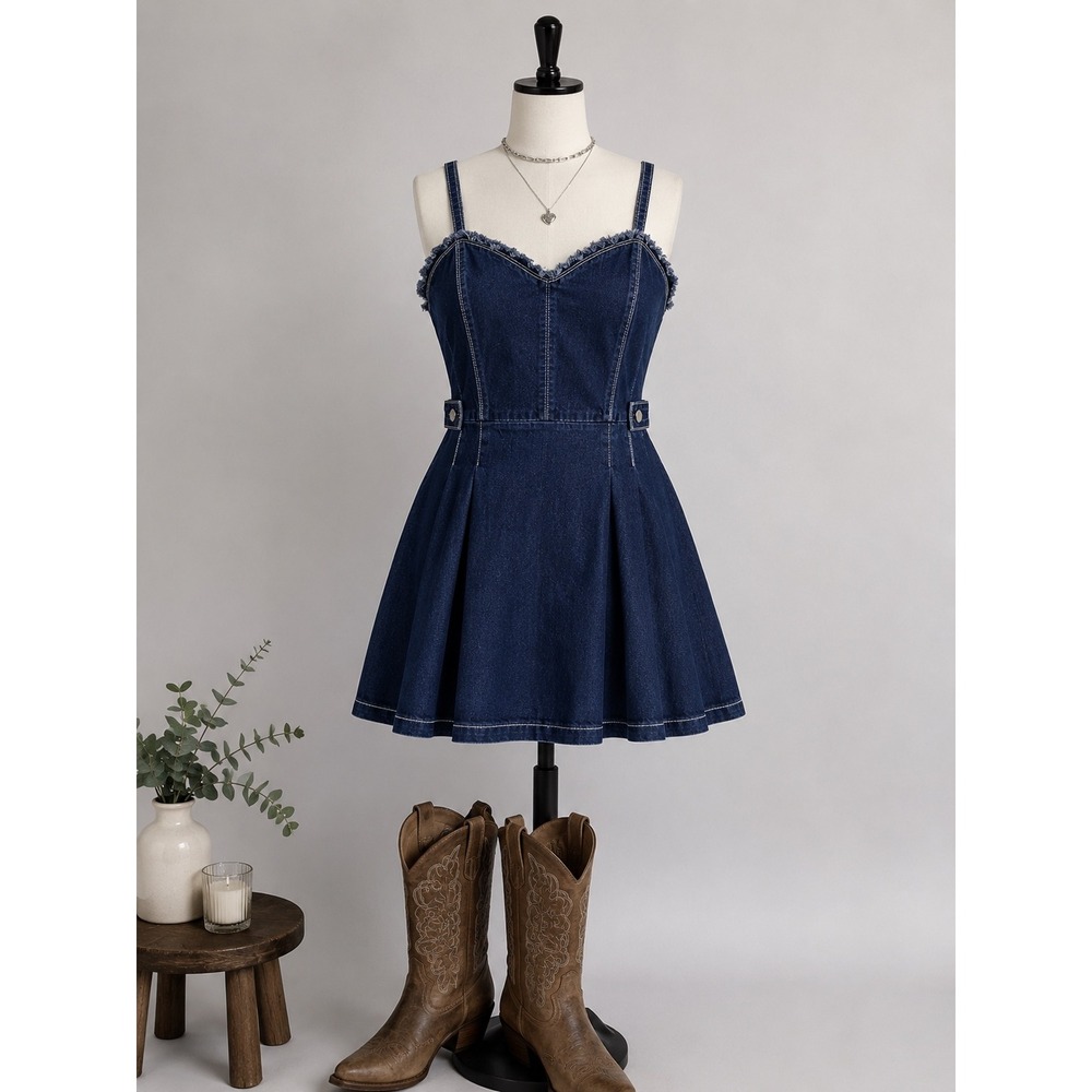 Y2K Denim Corset Dress Dark Academia Coquette Babydoll Women's Grunge Size L